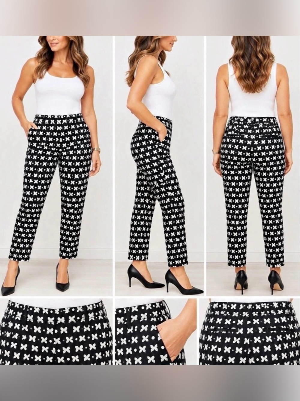 Talbots Hampshire Ankle Pants - Jacquard Butterfly Black & White 12P